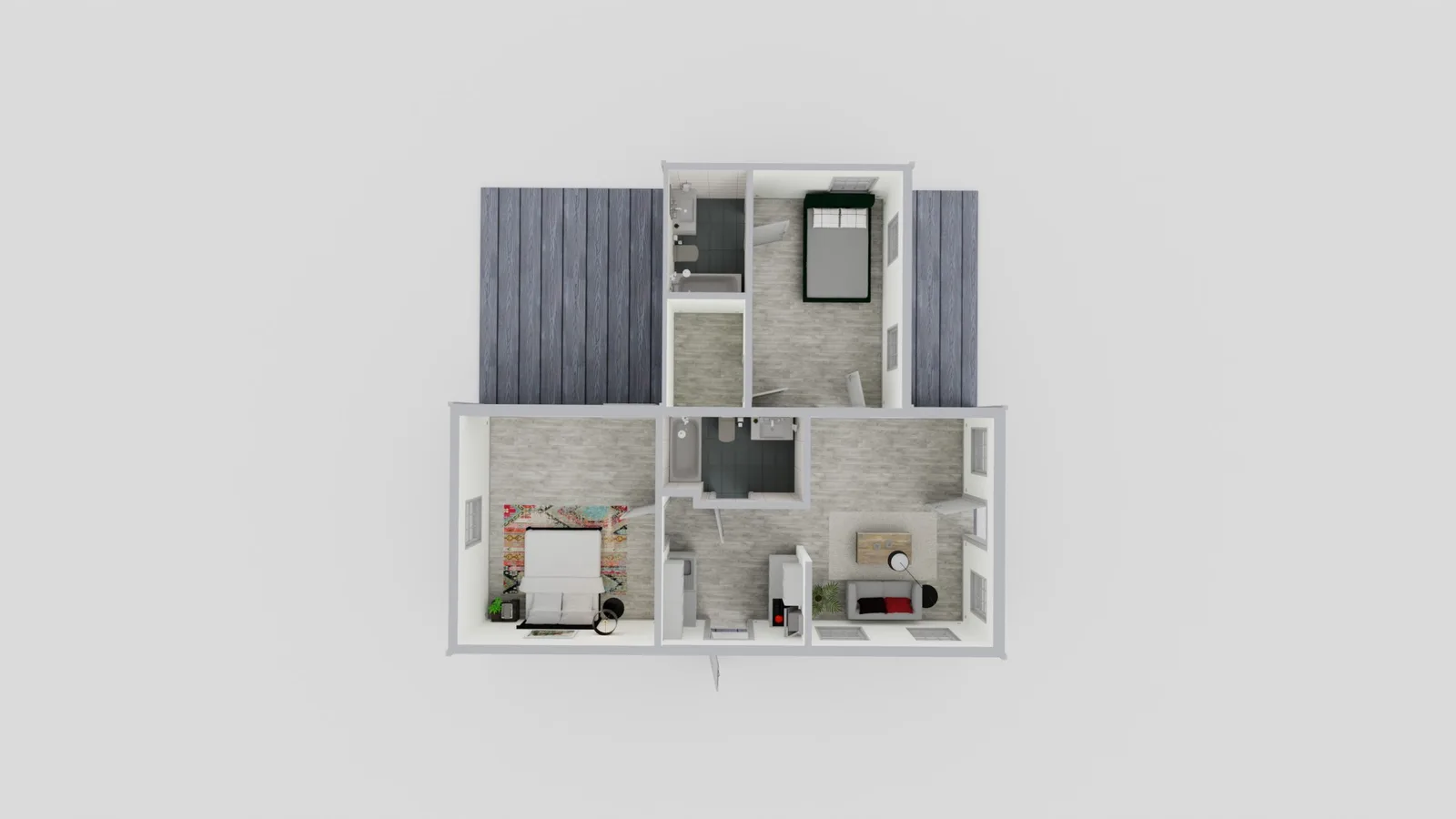 plano de ADU de 738 pies cuadrados con dos dormitorios y dos baños
