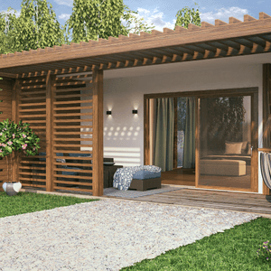 Accessory structure with plumbing fixtures in a backyard