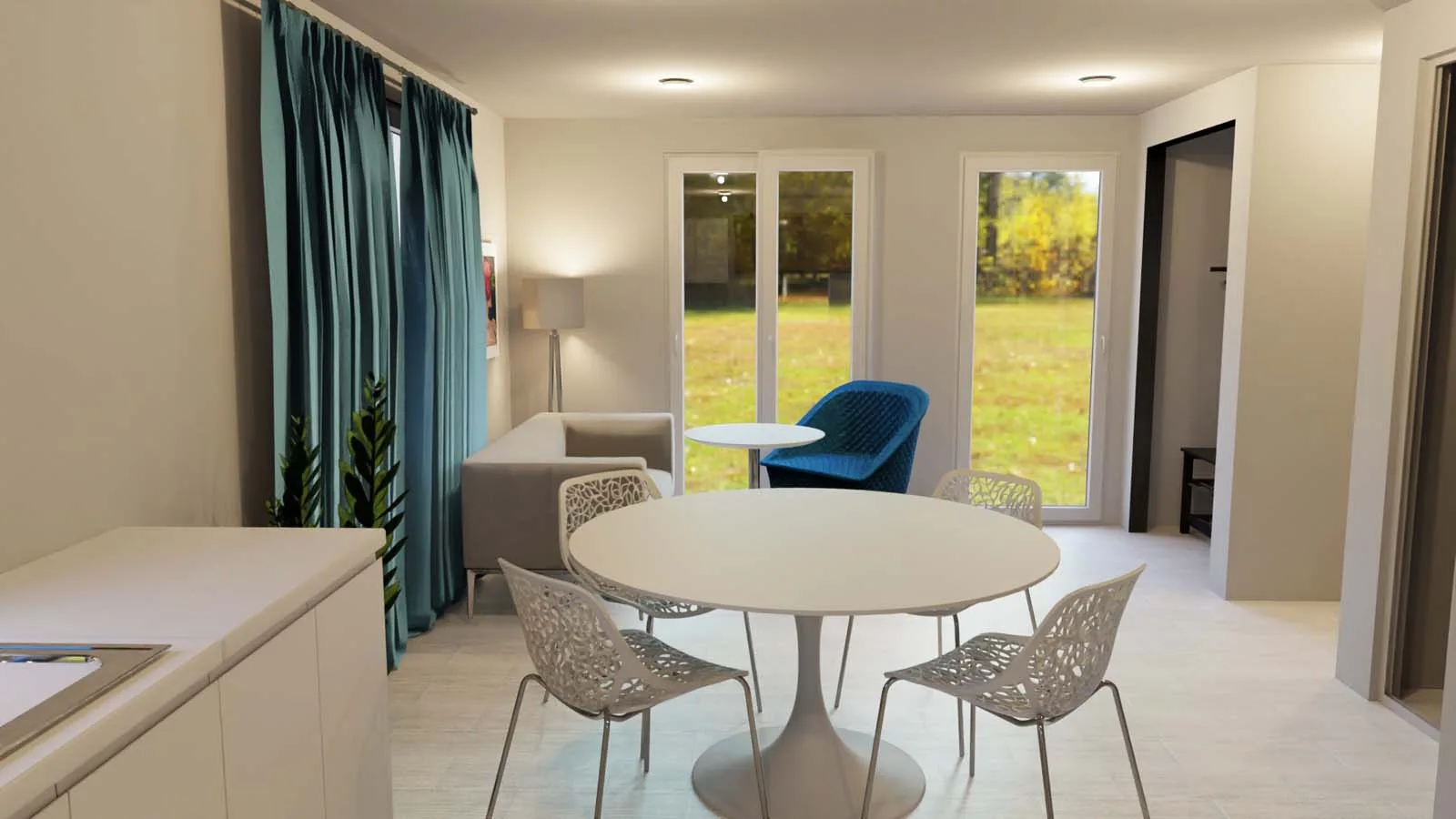 3D interior design render of an ADU dining area