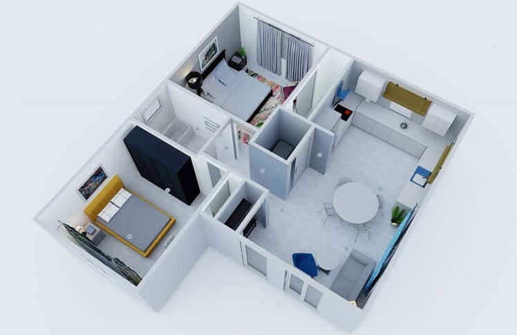750 sq ft ADU floor plan, 2 bed 1 bath