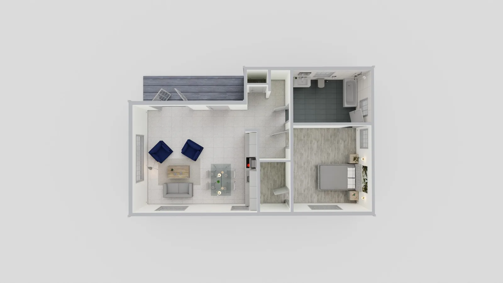 Plano de ADU de 787 pies cuadrados, 1 dormitorio y 1 baño
