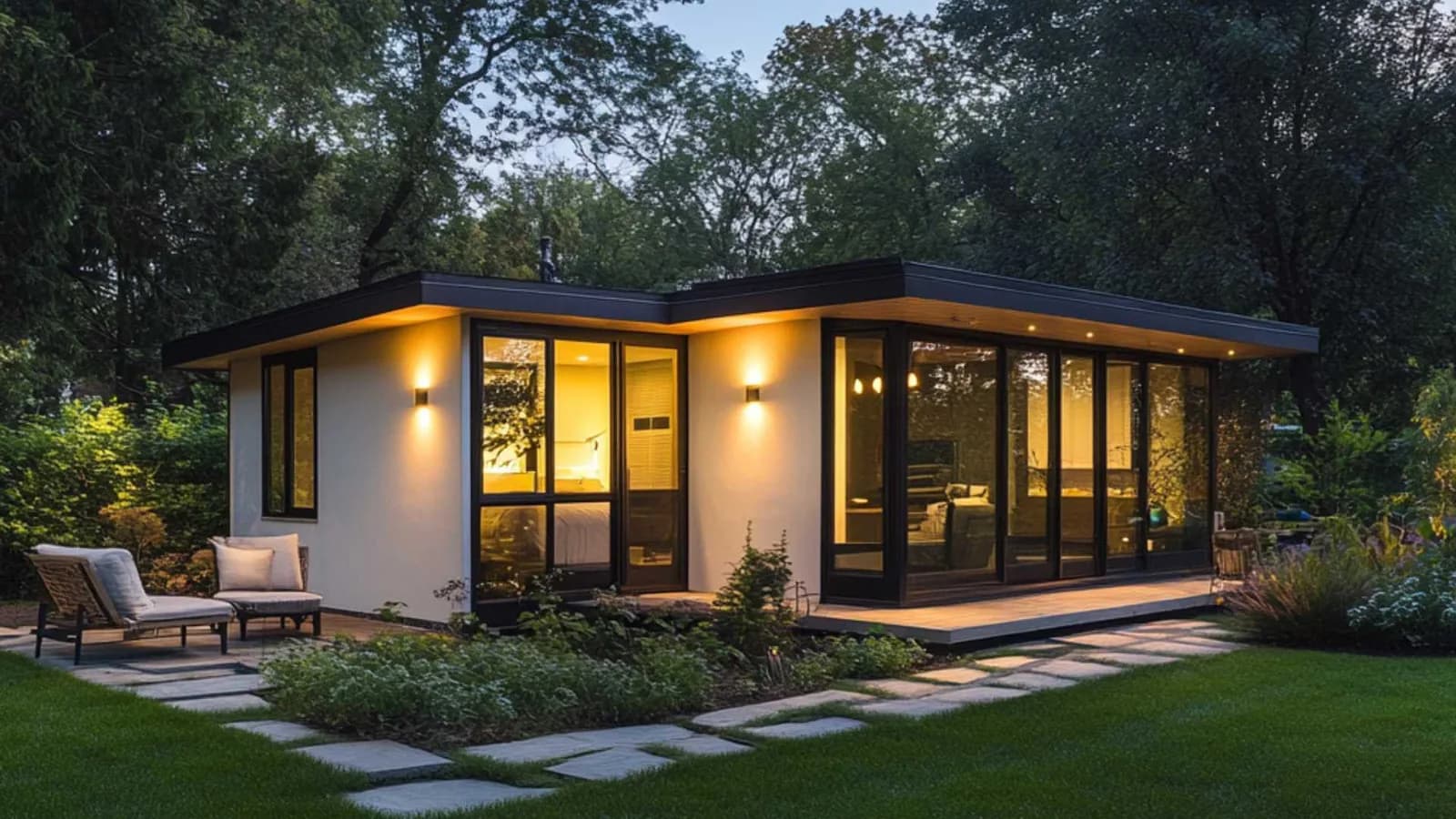 ADU house with a flat roof and big windows