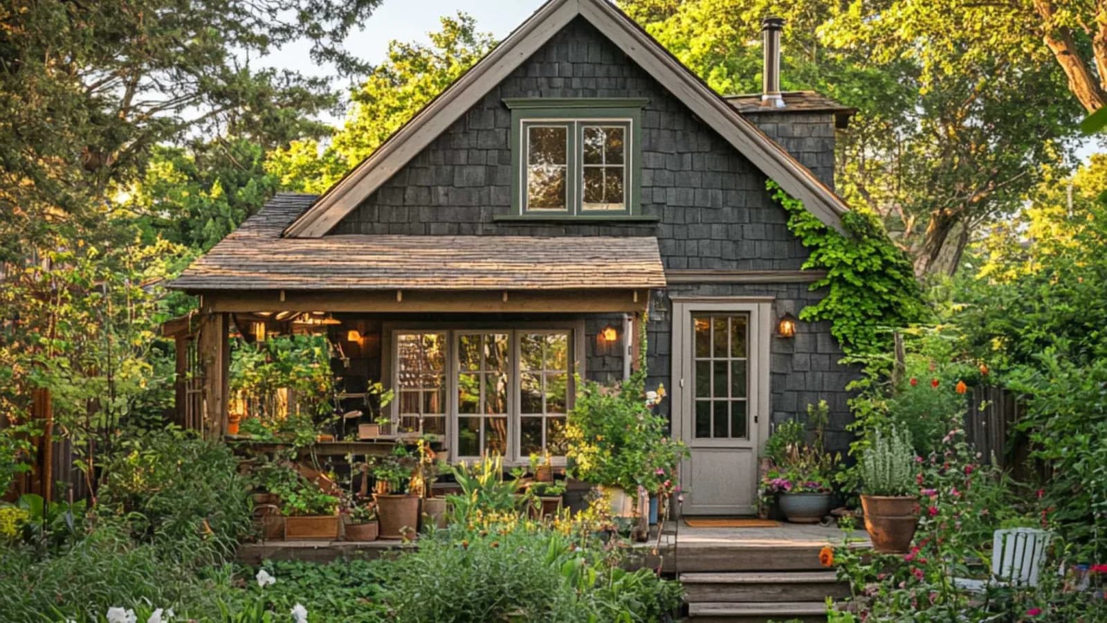Casa ADU estilo Craftsman con tejas rodeada de vegetación exuberante