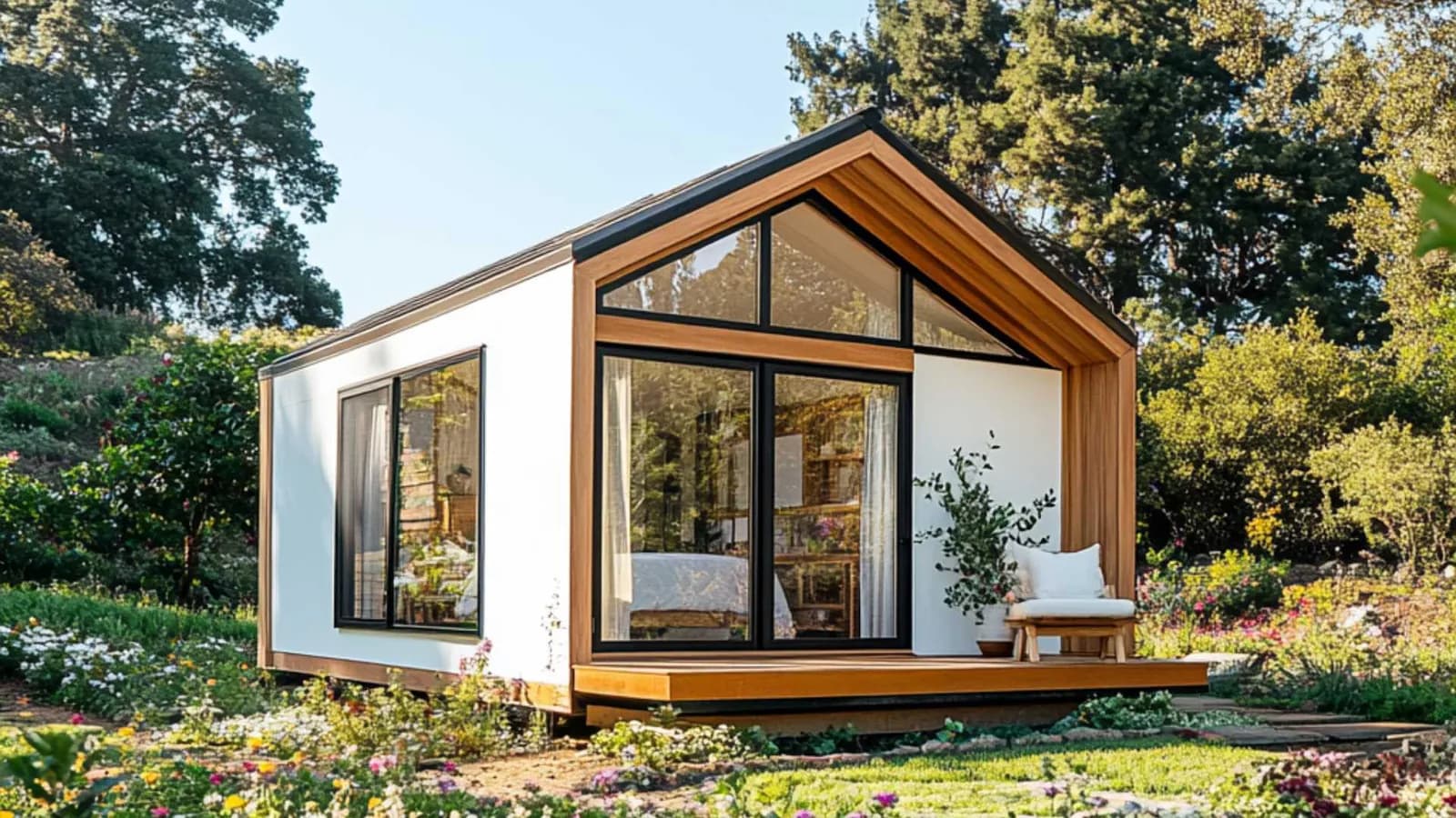 ADU en bienes raíces — Opción n.º 1: estuco pintado de blanco, detalles de madera, ventanas de marco negro
