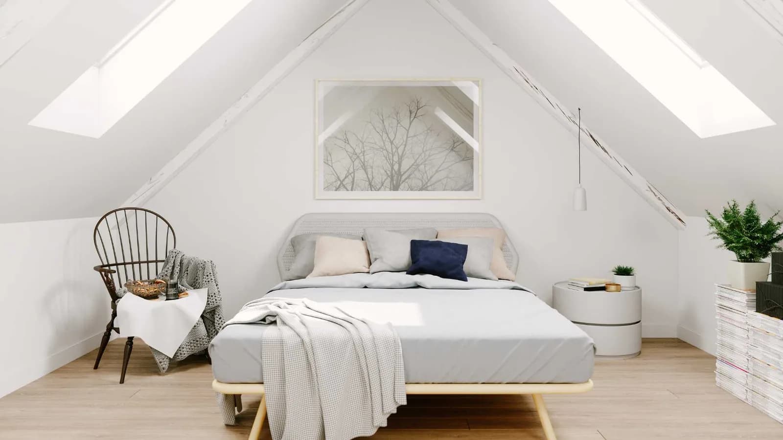 attic bedroom with skylights