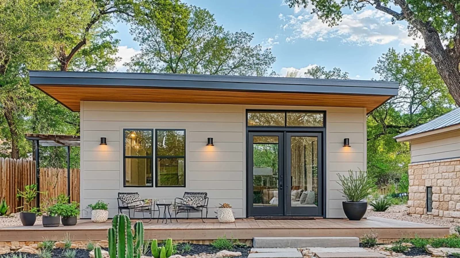 Detached backyard ADU with a porch in a landscaped yard