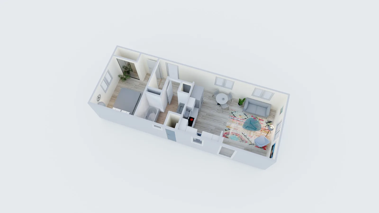 Plano de planta 3D de un ADU compacto de un dormitorio con distribución tipo galera