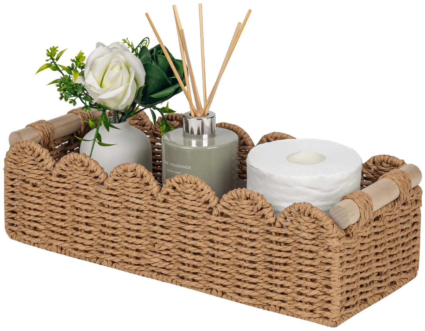 CubesLand scalloped storage basket with wooden handles holding toilet paper rolls