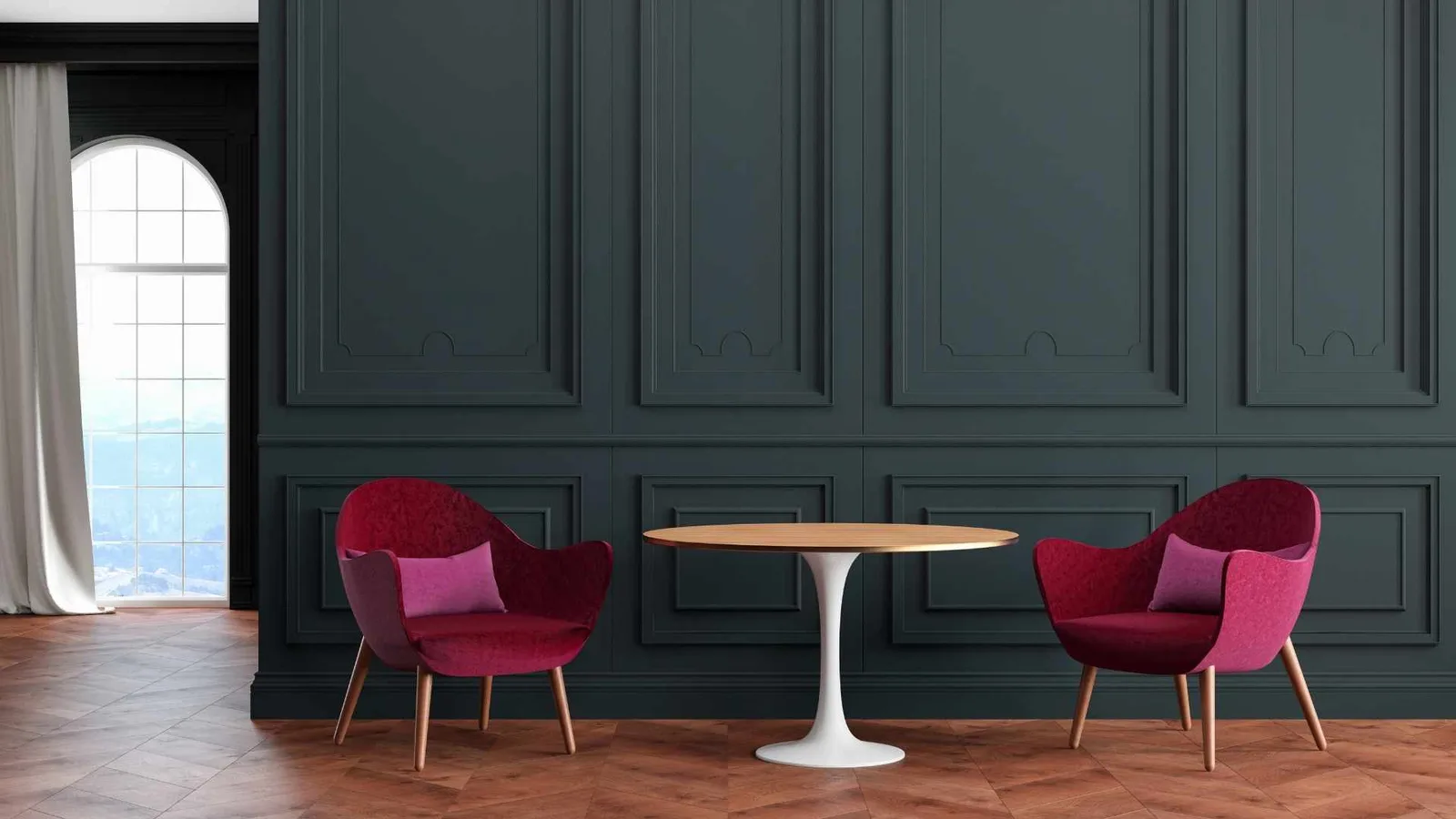 Dark wall color with accent chairs
