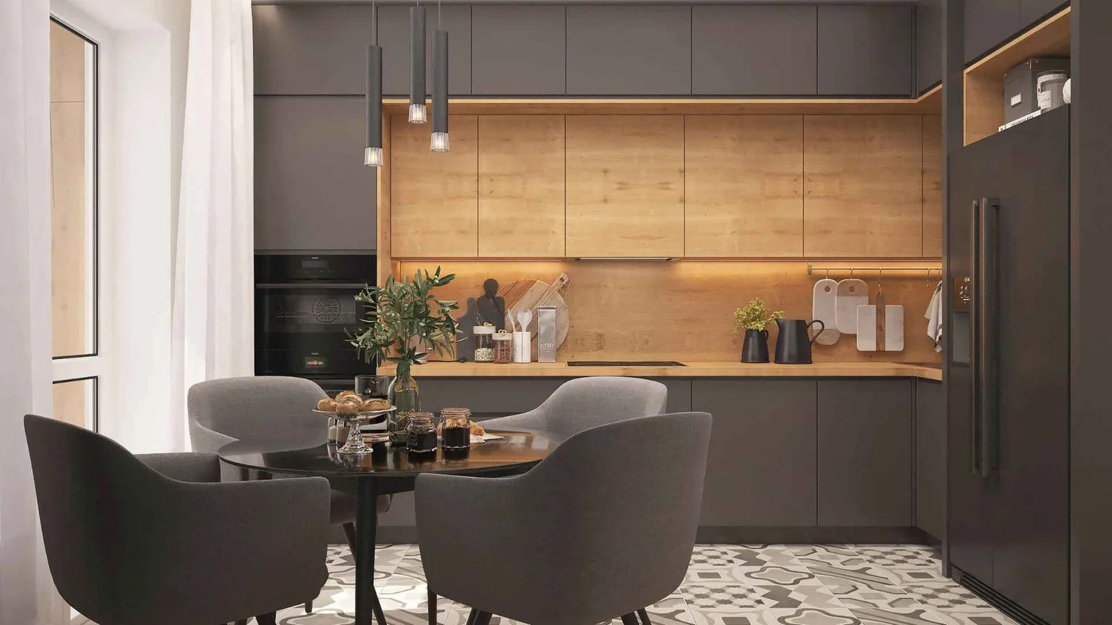 Comedor para 4 en una casa diminuta, gabinetes oscuros con detalles de madera