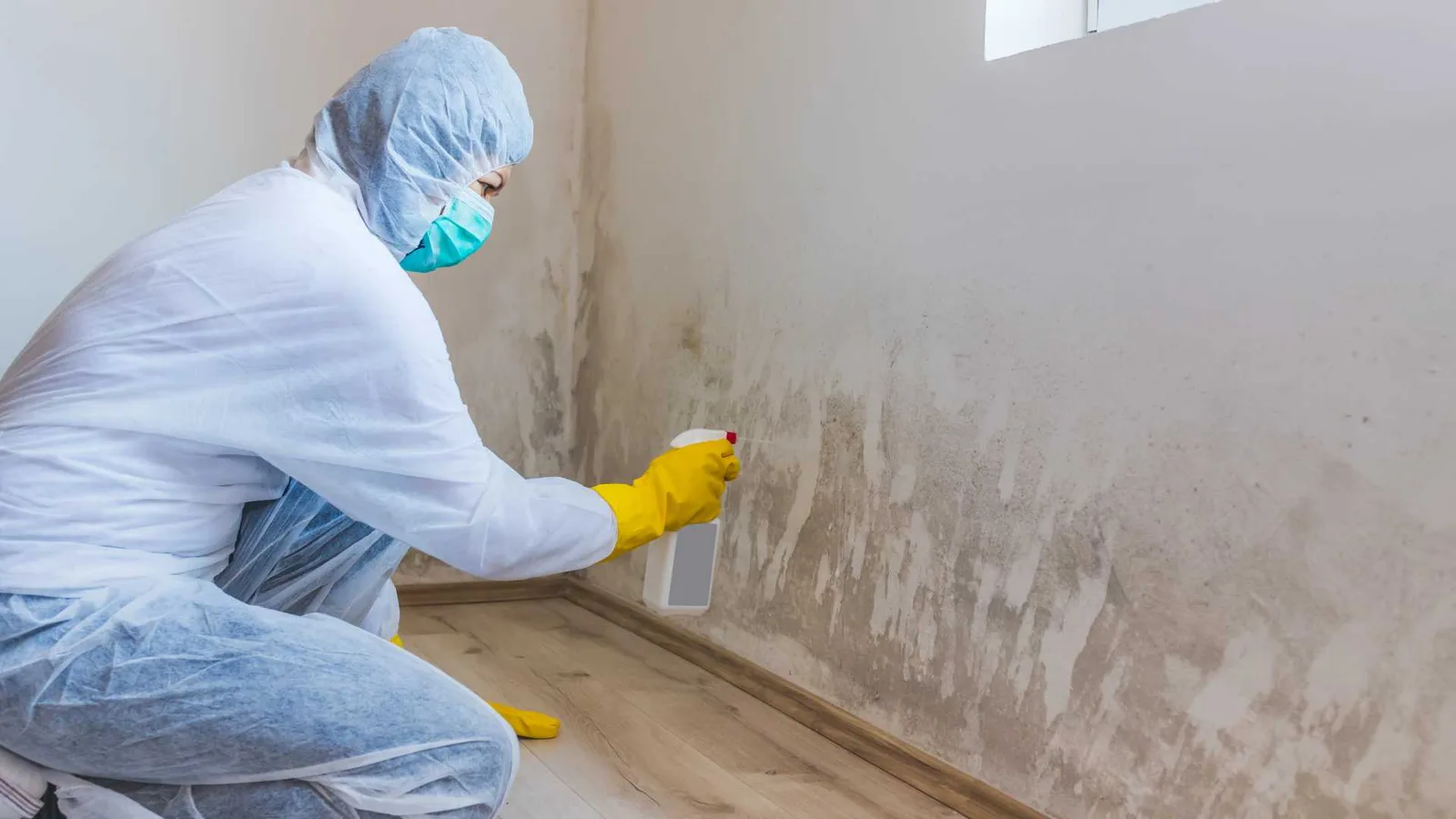 Worker fighting mold to abate an unsanitary code violation