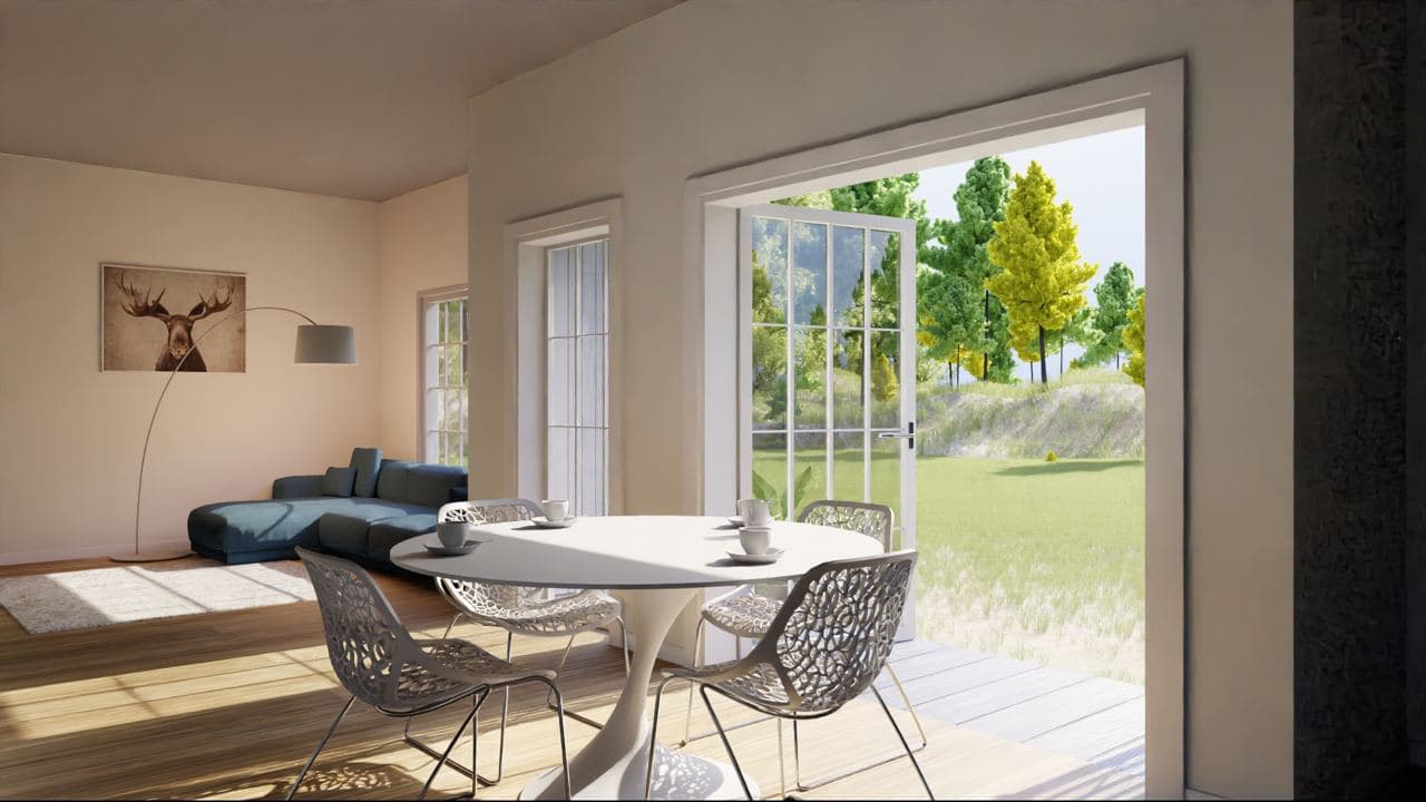 french doors in living room of 1000 sq ft house