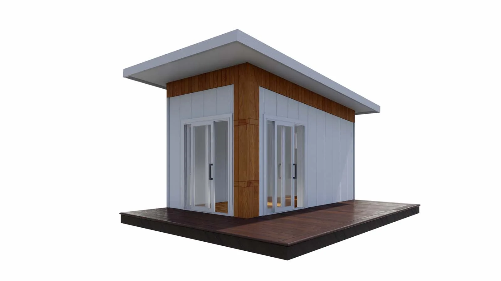 Front view of a white modern shed with wood accents