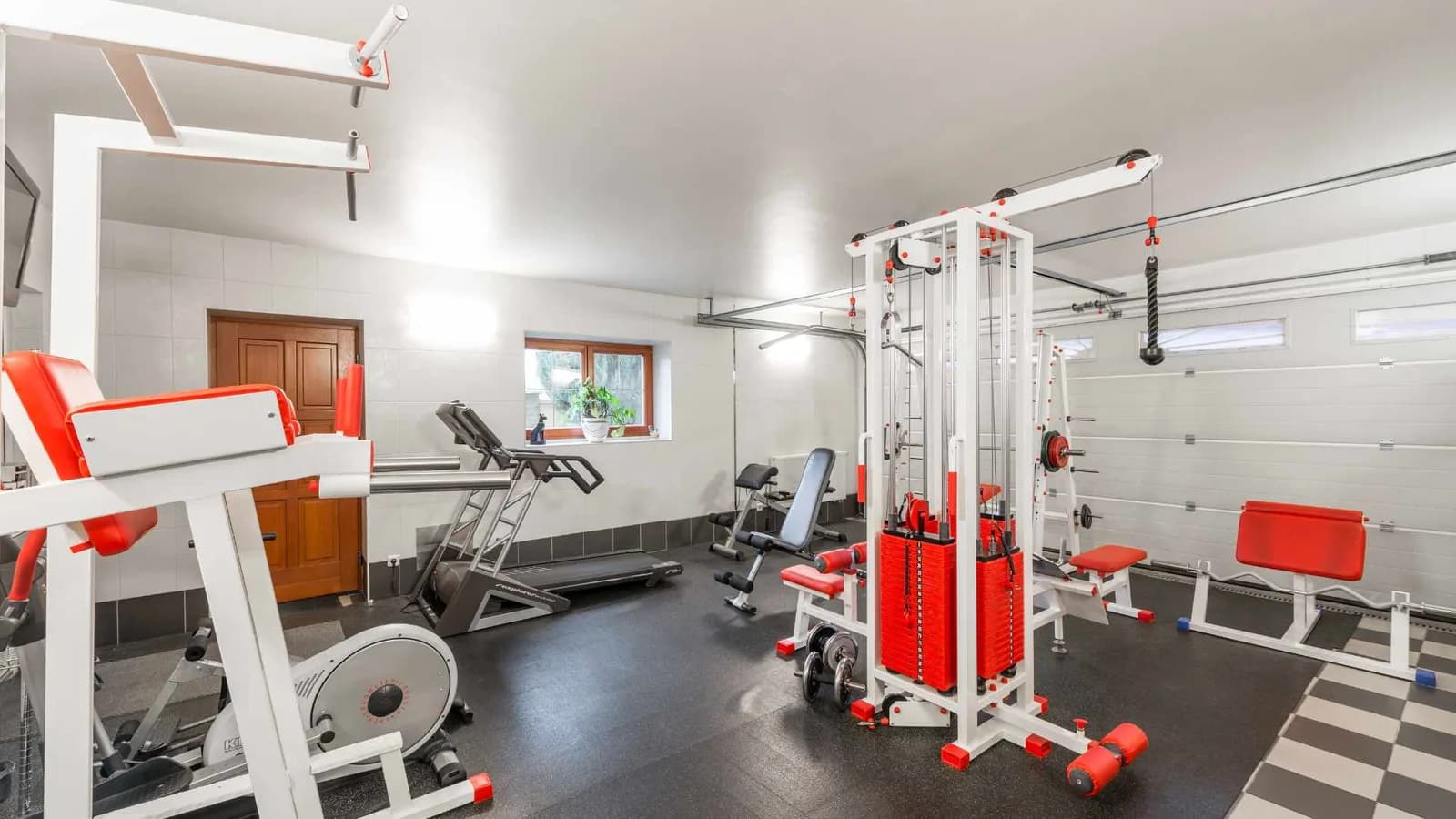 Home gym set up in a garage