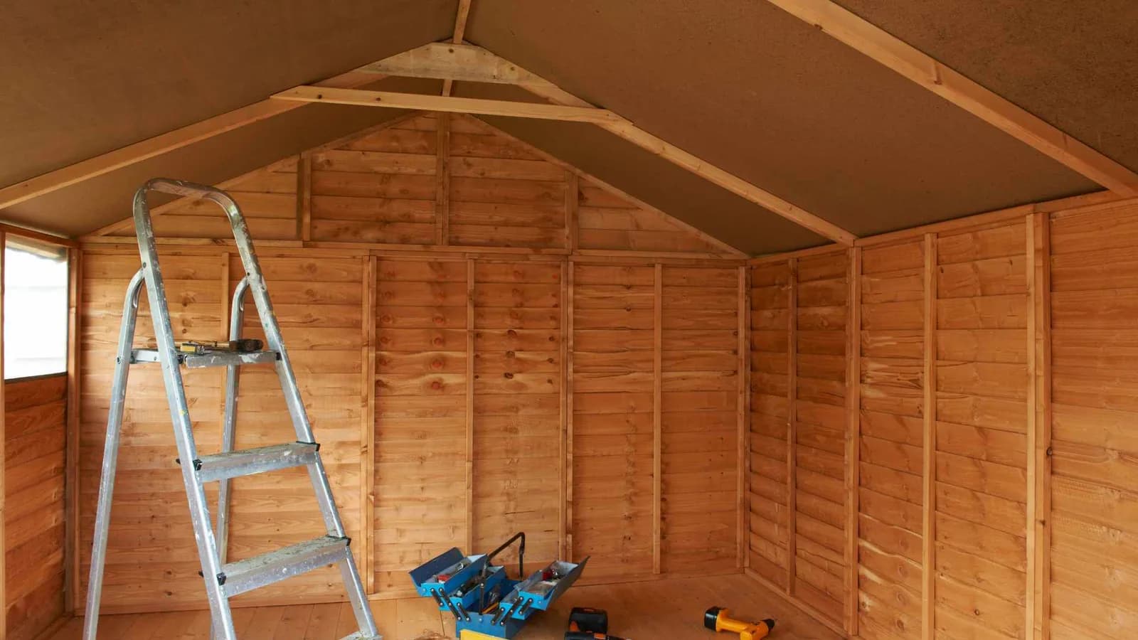 Inside view of a regular storage shed used for tools and equipment