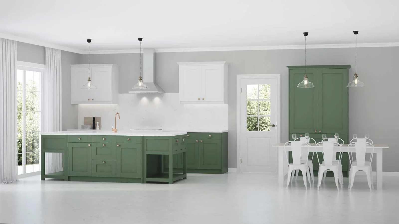 Open kitchen and dining area in green