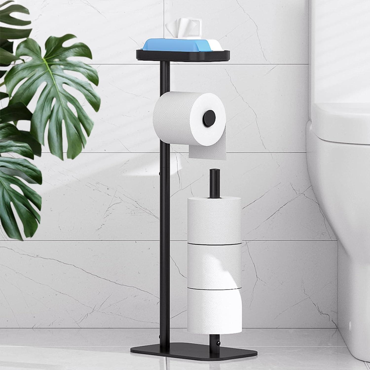 Kitsure free-standing black toilet paper stand with reserve roll storage and top shelf