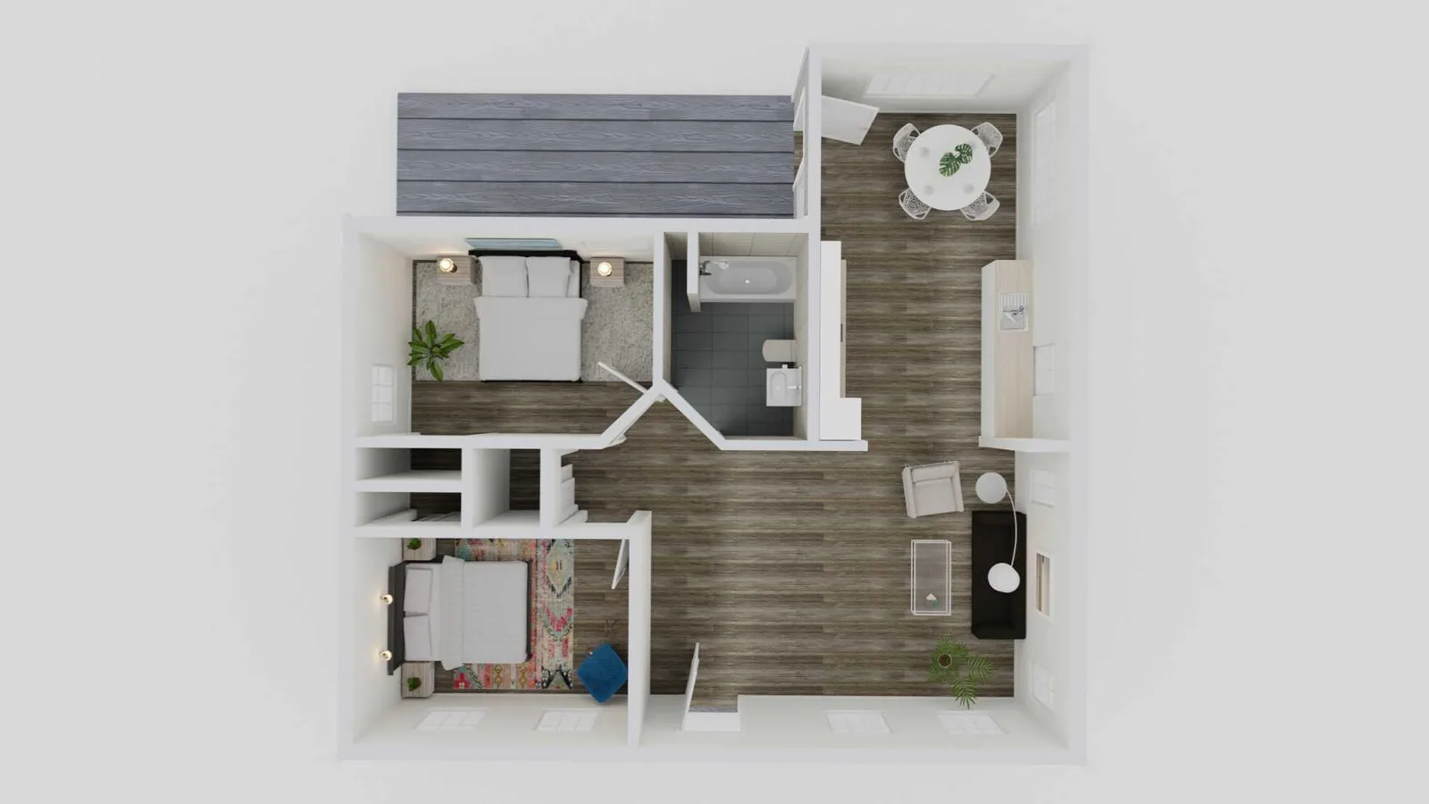 2 bed 1 bath L-shaped ADU 1011 sq ft
