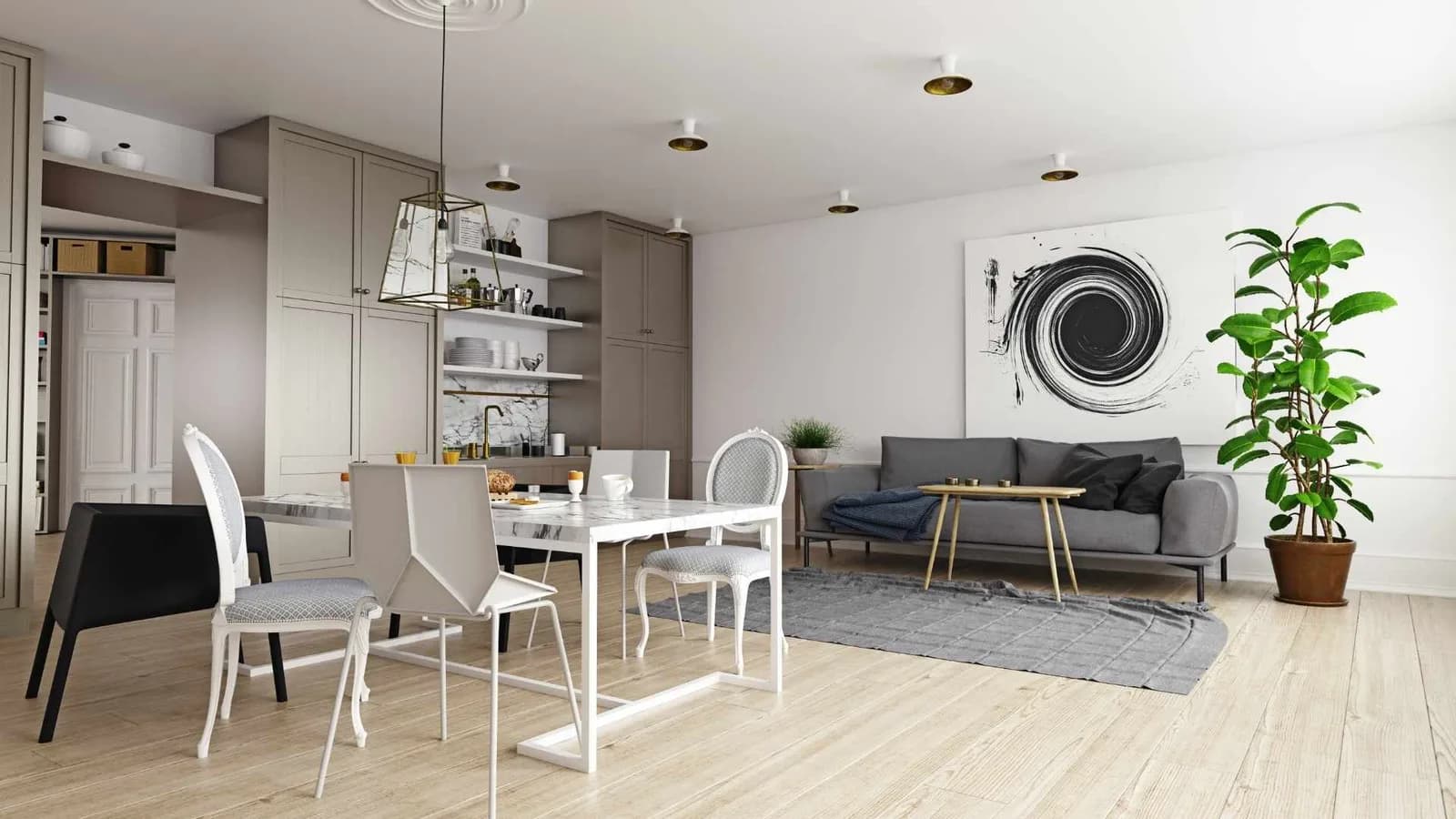 Sala de estar abierta con cocina en el interior de una casa diminuta