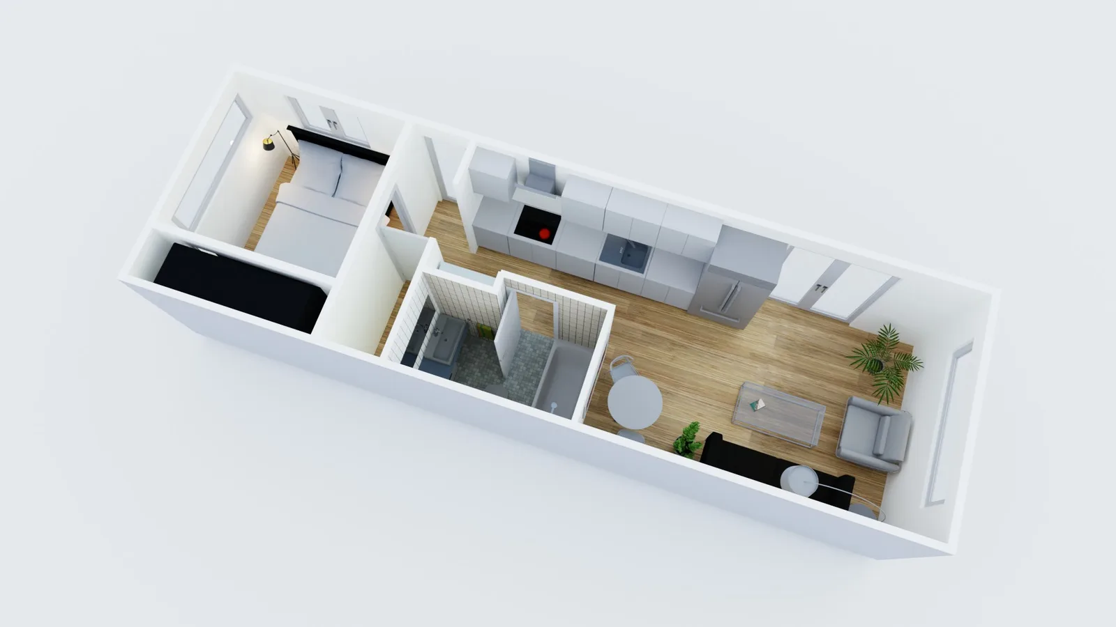 Plano de ADU estrecha de un dormitorio