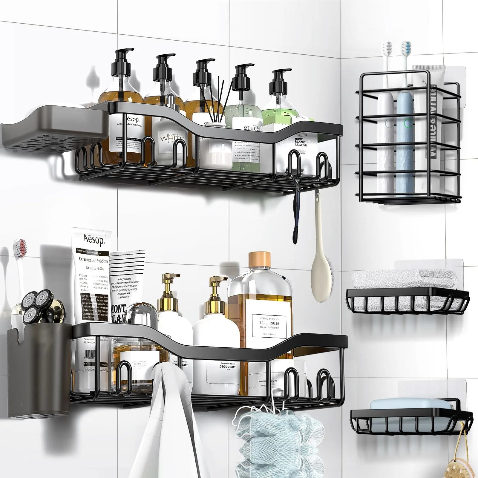 NESOMI 7-pack adhesive black stainless steel shower caddy shelves with hooks