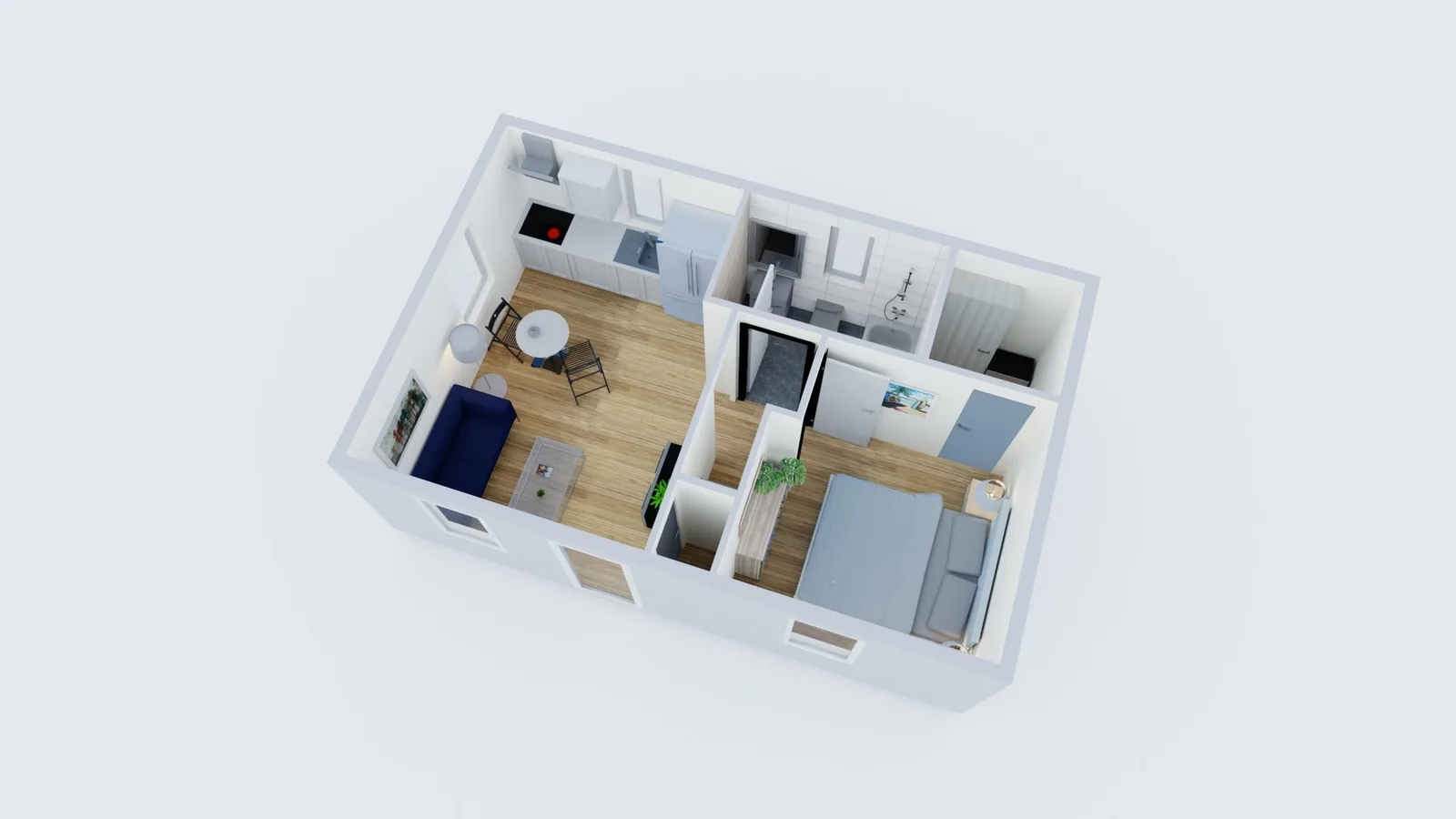 Plano de planta 3D de un ADU de un dormitorio con cocina abierta, sala de estar y dormitorio