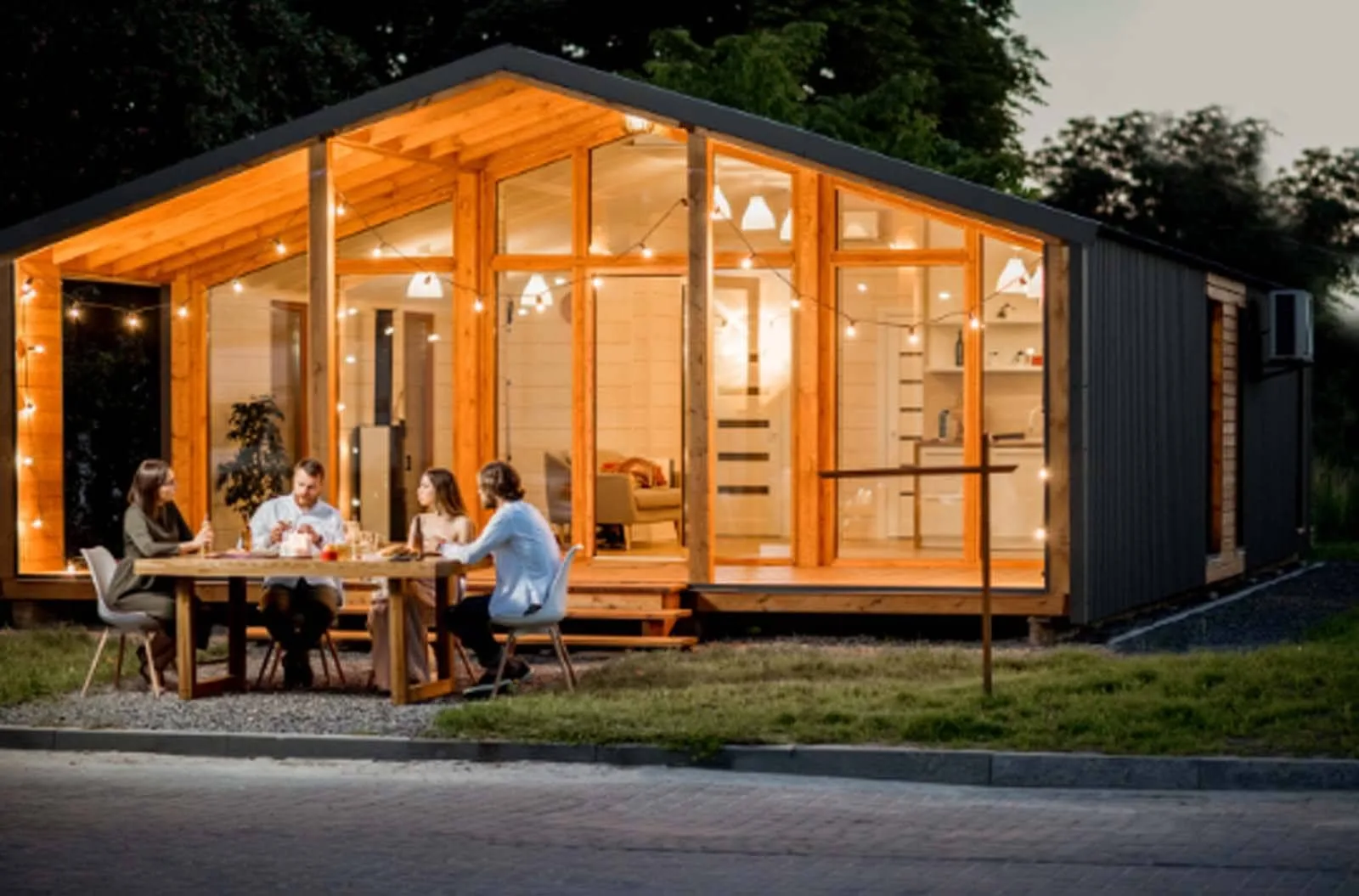 Casa ADU prefabricada al atardecer con una familia cenando bajo luces de cadena