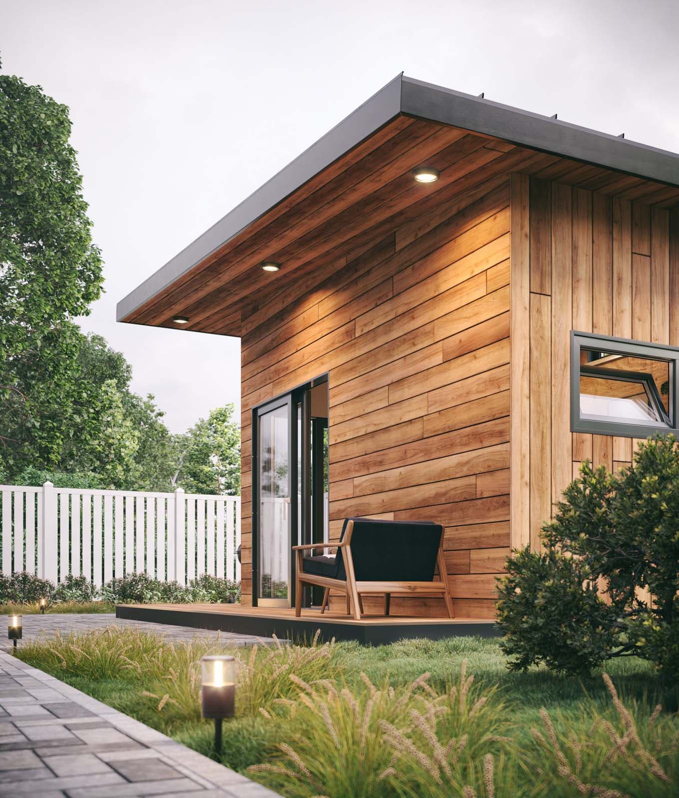 Backyard home office pod used as a studio and pool house