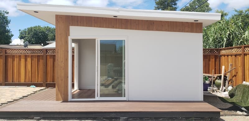 Red backyard shed built in San Mateo