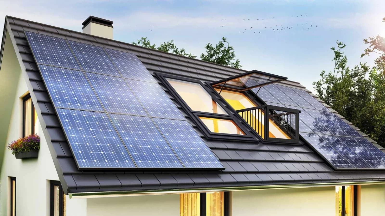 Techo de casa diminuta con tragaluz y paneles solares