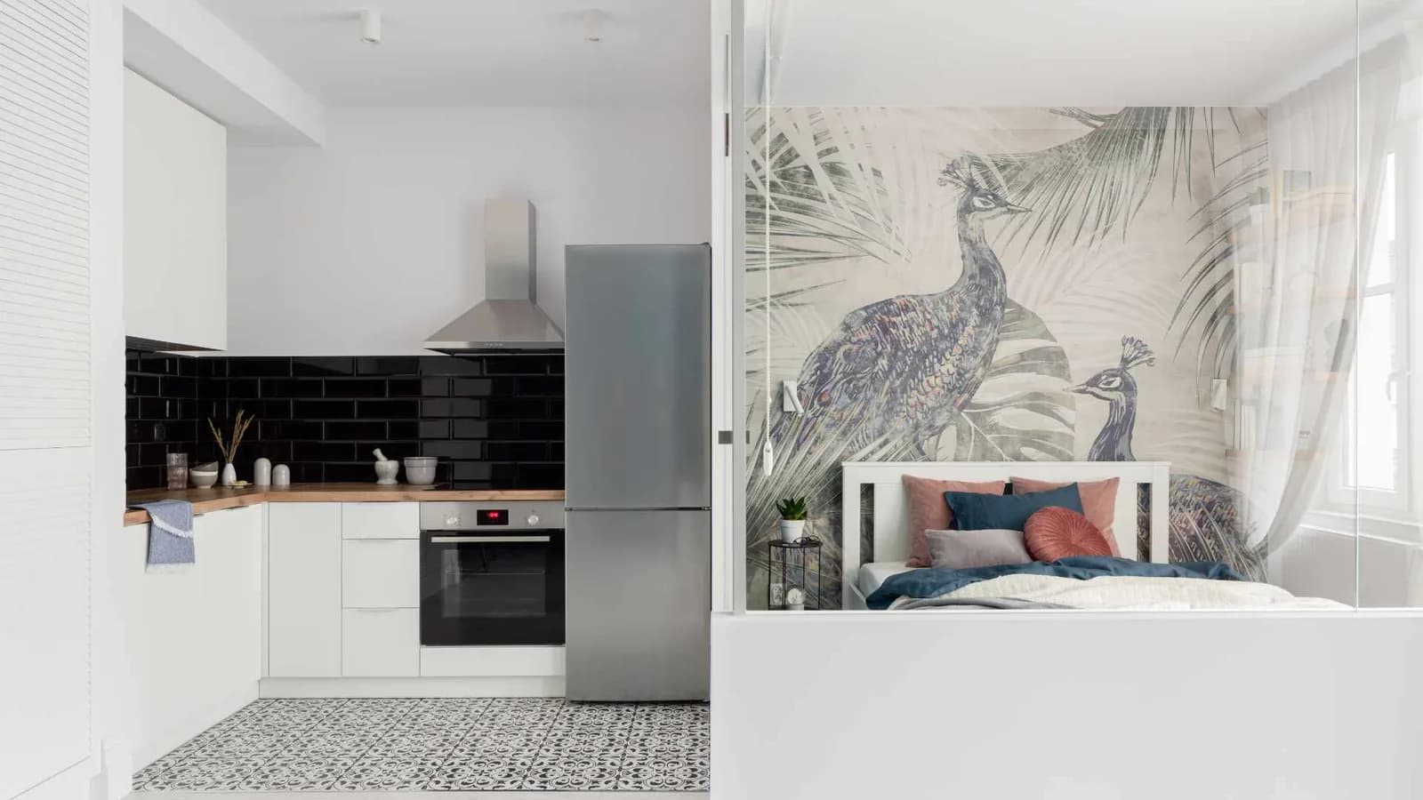 Studio-style kitchen layout in a small open living space