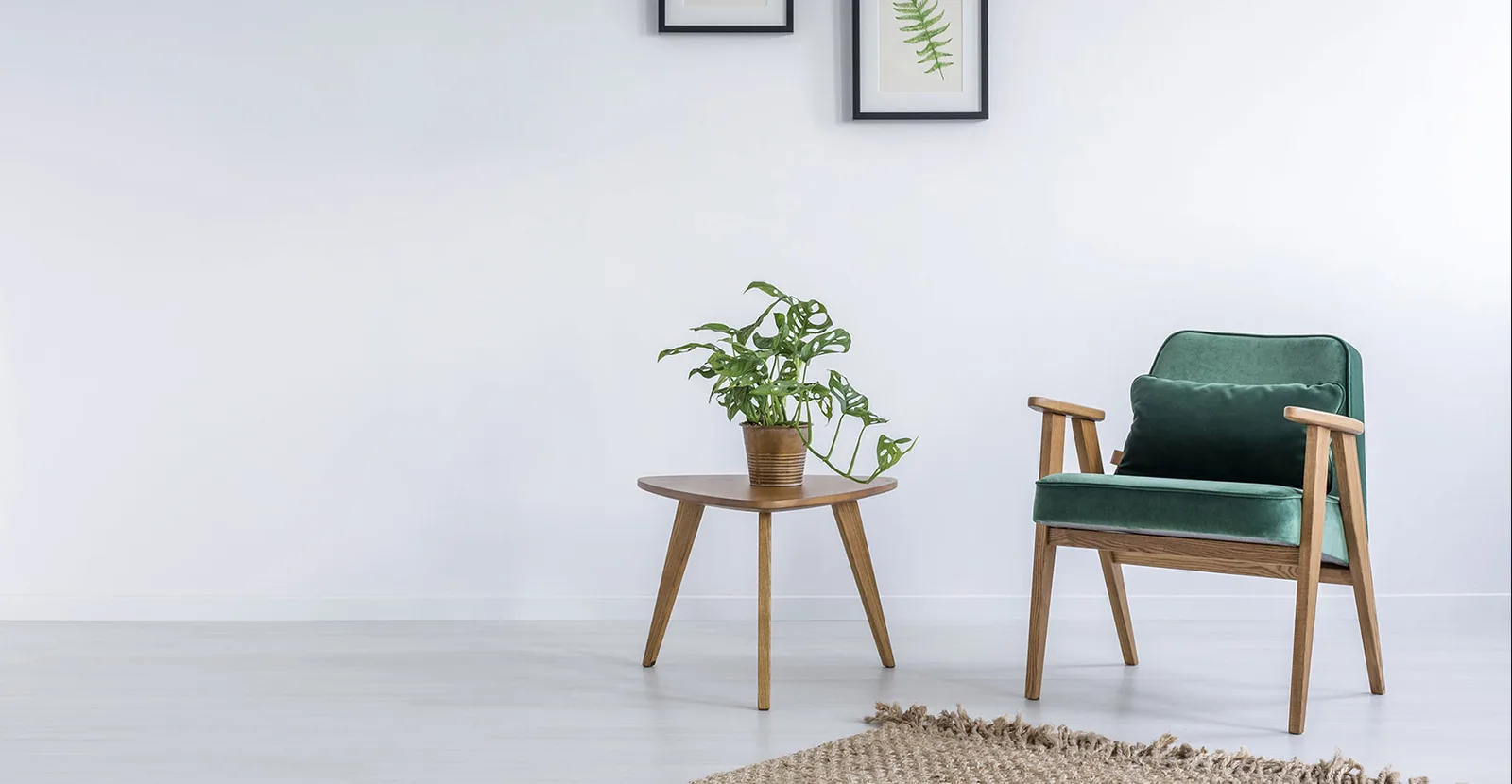 Cozy modern living room interior with a houseplant and lounge chair in a tiny home