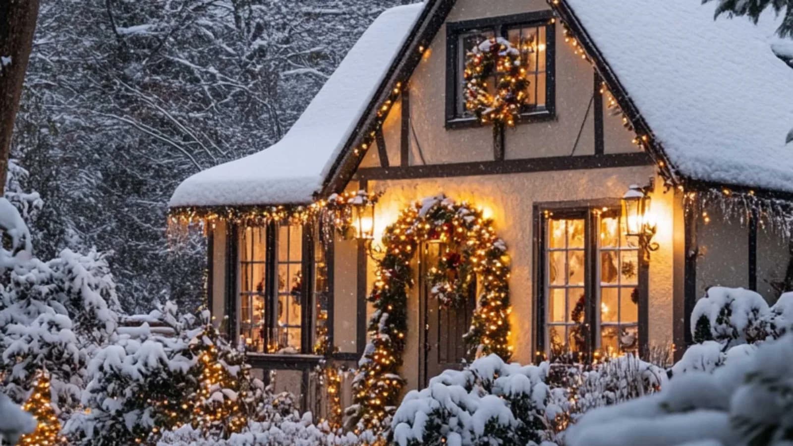 ADU estilo Tudor con luces navideñas en la nieve