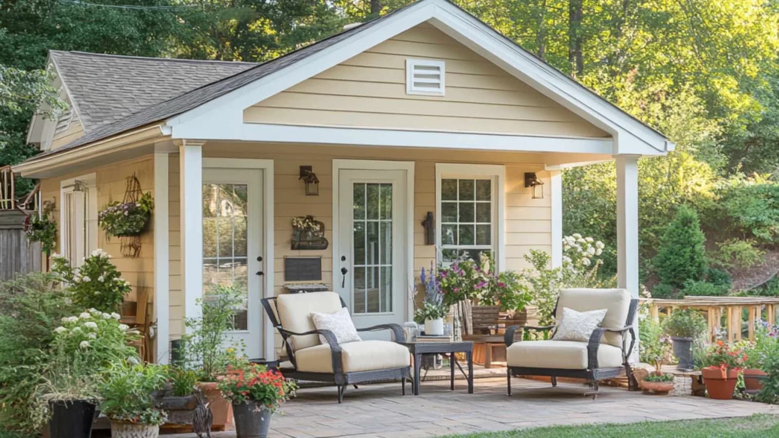 Classic style 20x20 mother-in-law suite with pitch roof and beige siding