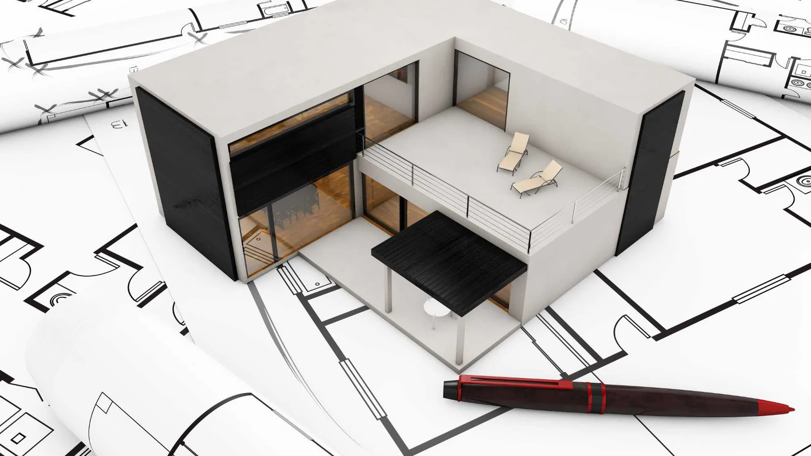 3D model of a house on a paper version of a floor plan
