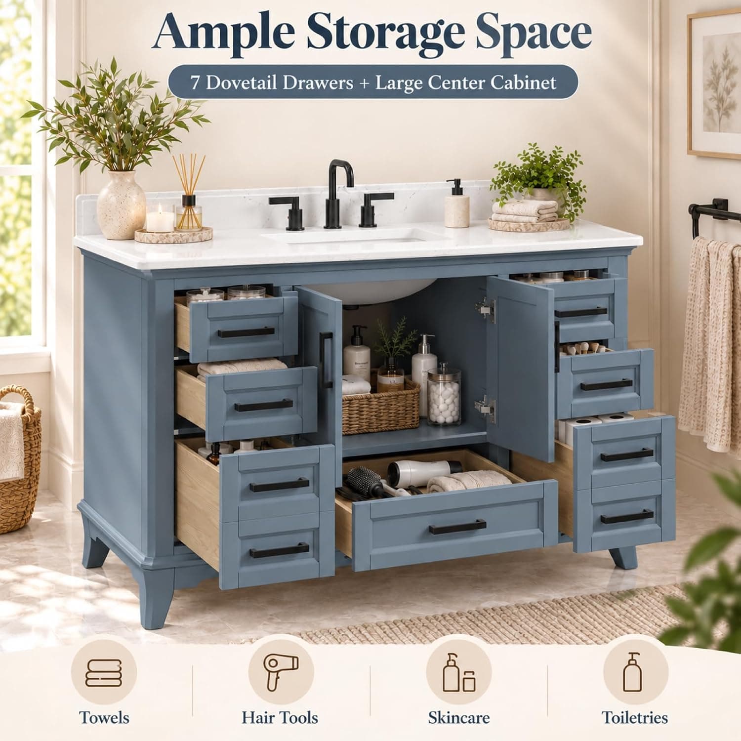 48 inch bathroom vanity with sink in blue with open doors and drawers