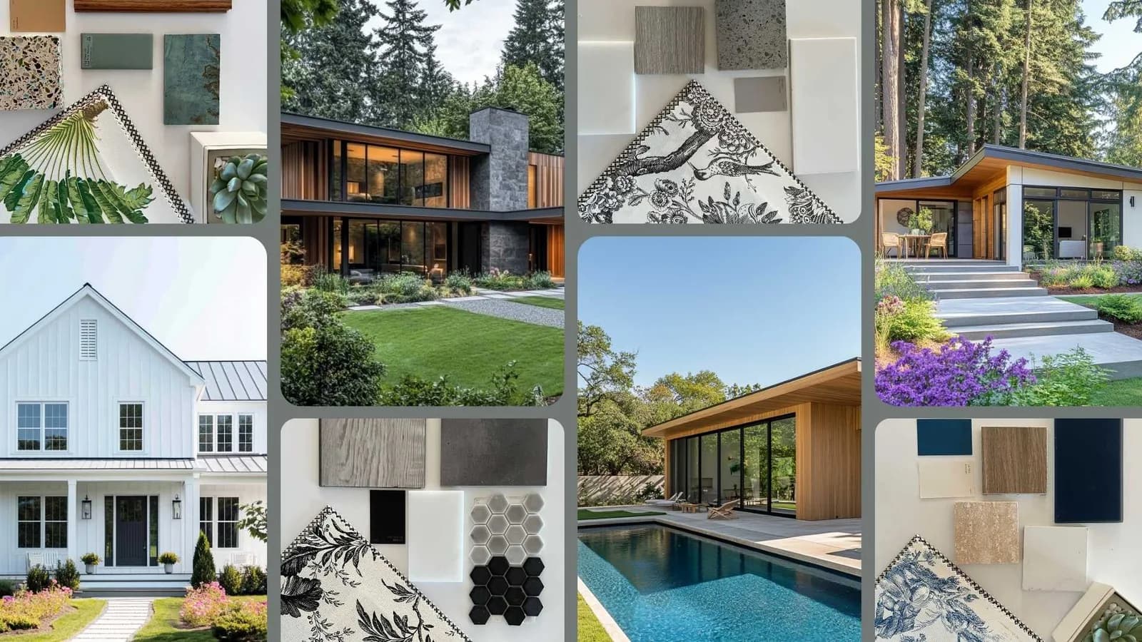 ADU design exterior and interior finishes by HomeWiP - images of several ADUs with finishes palette