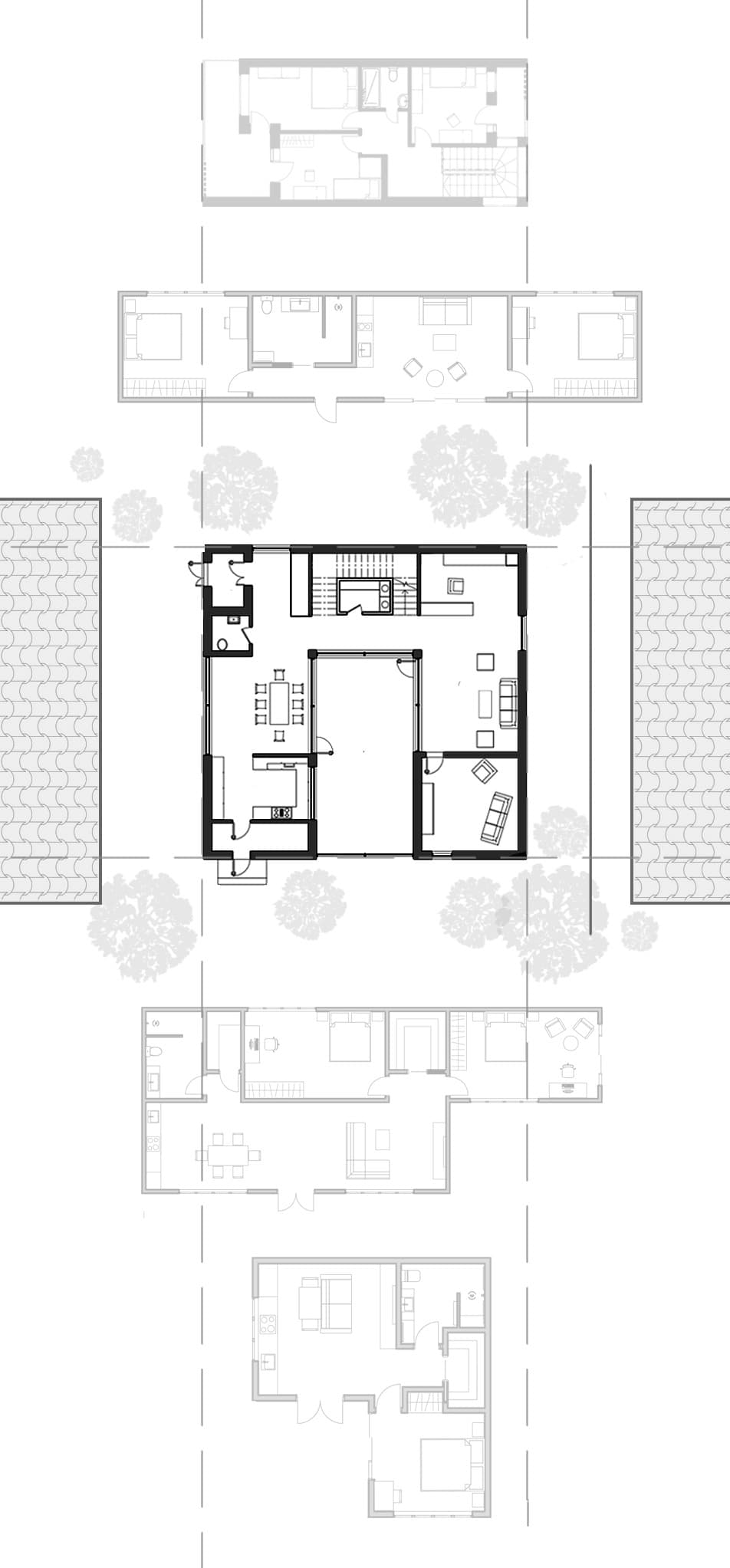 Black-and-white top-view floor plans of several ADU layouts arranged on a lot, with a compact accessory dwelling unit plan highlighted among neighboring properties and trees.