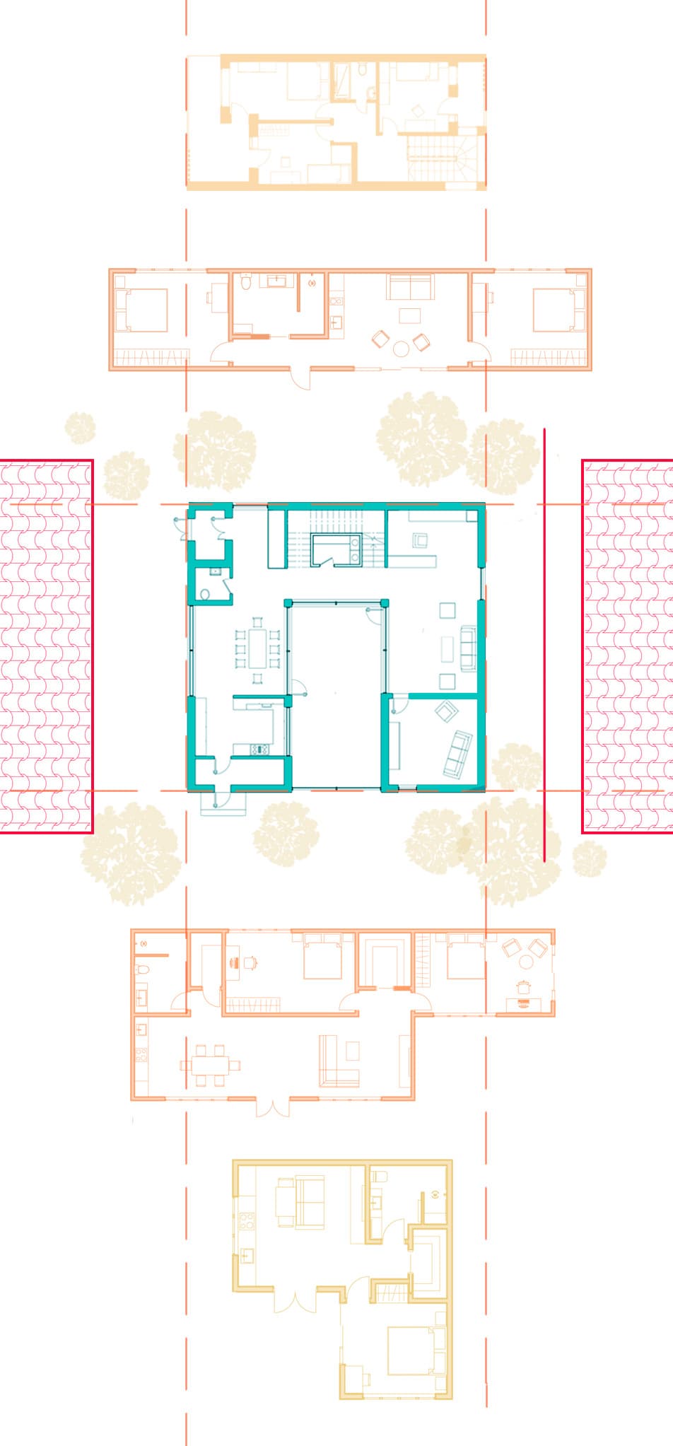 Top-view floor plans of several ADU layouts arranged on a lot in warm orange and yellow tones, with a compact accessory dwelling unit plan highlighted in teal among neighboring properties and trees.