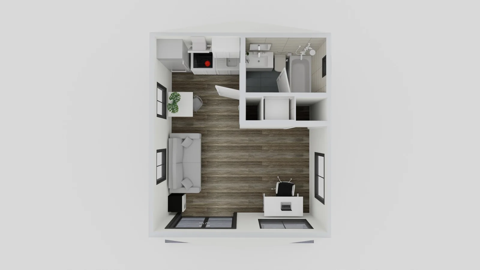 ADU floor plan Studio with bathroom, kitchenette and laundry set up