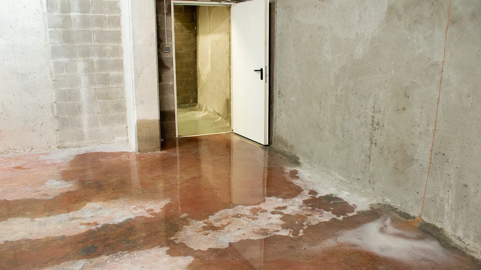 a basement with water on the floor