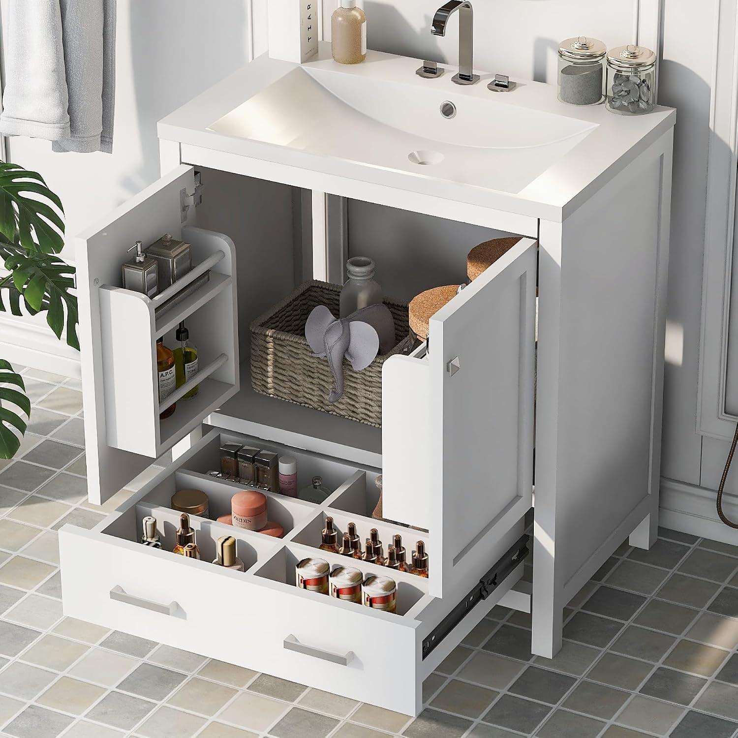 Bathroom Storage Cabinet with shelves on cabinet doors and a big drawer
