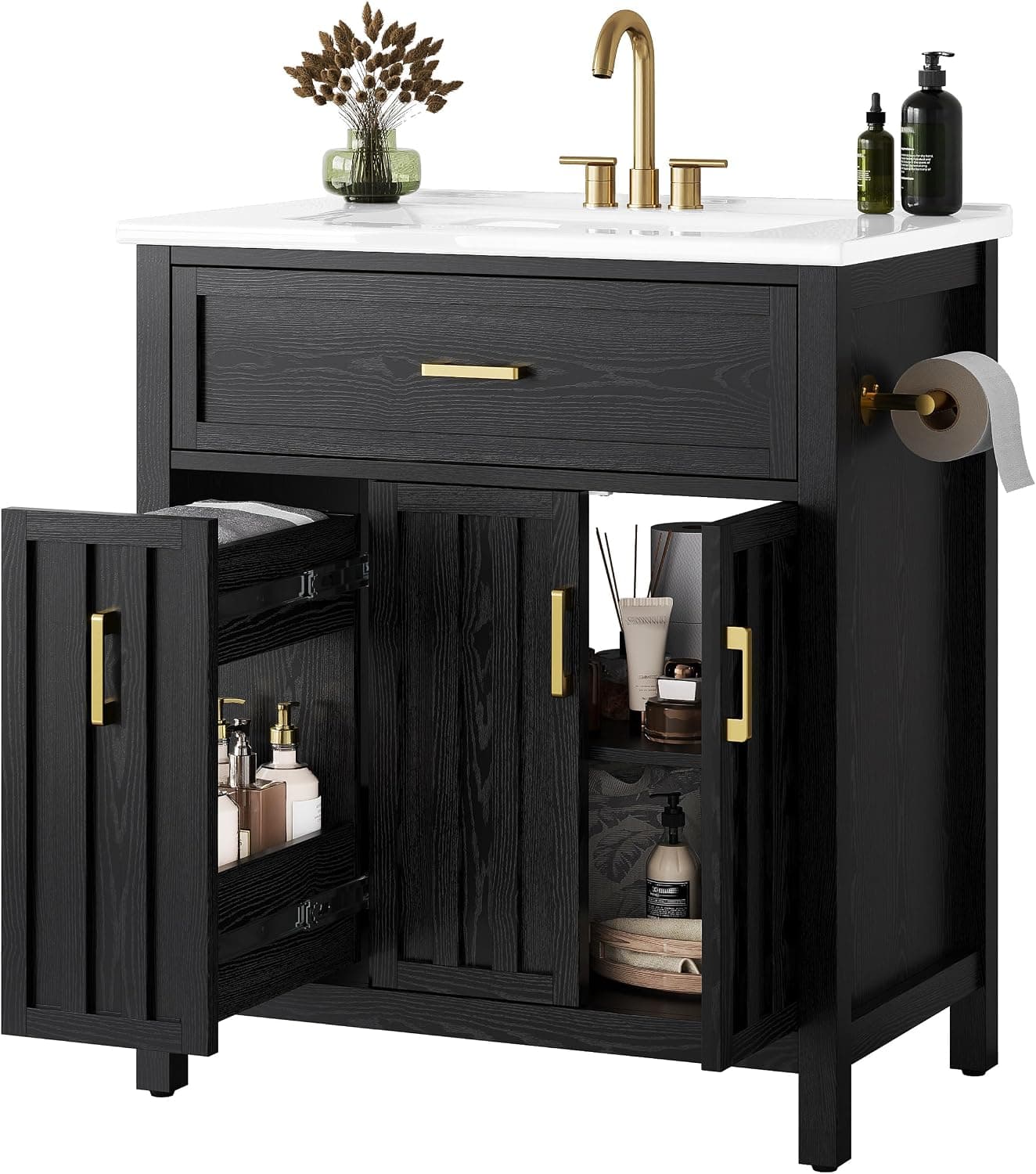 bathroom vanity with sink and drawers in black
