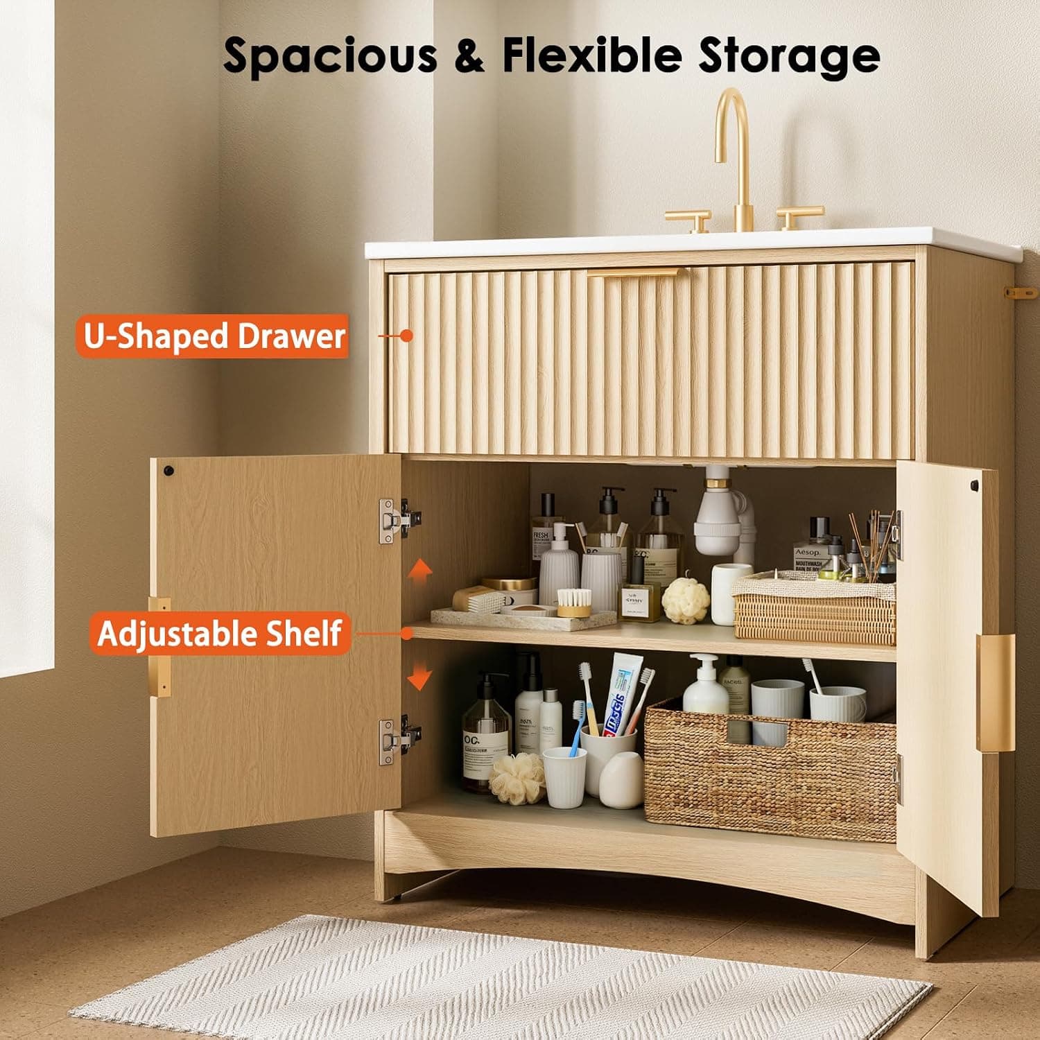 Bathroom vanity with storage in oak with open doors