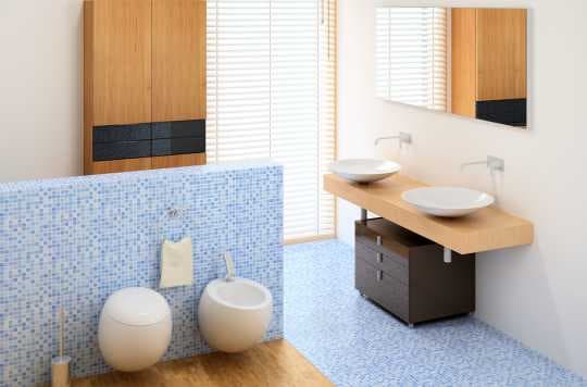 bathroom with wood accents