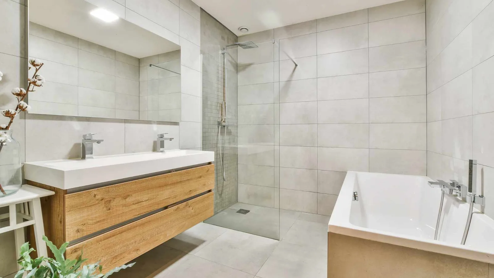 bathroom with wood accents