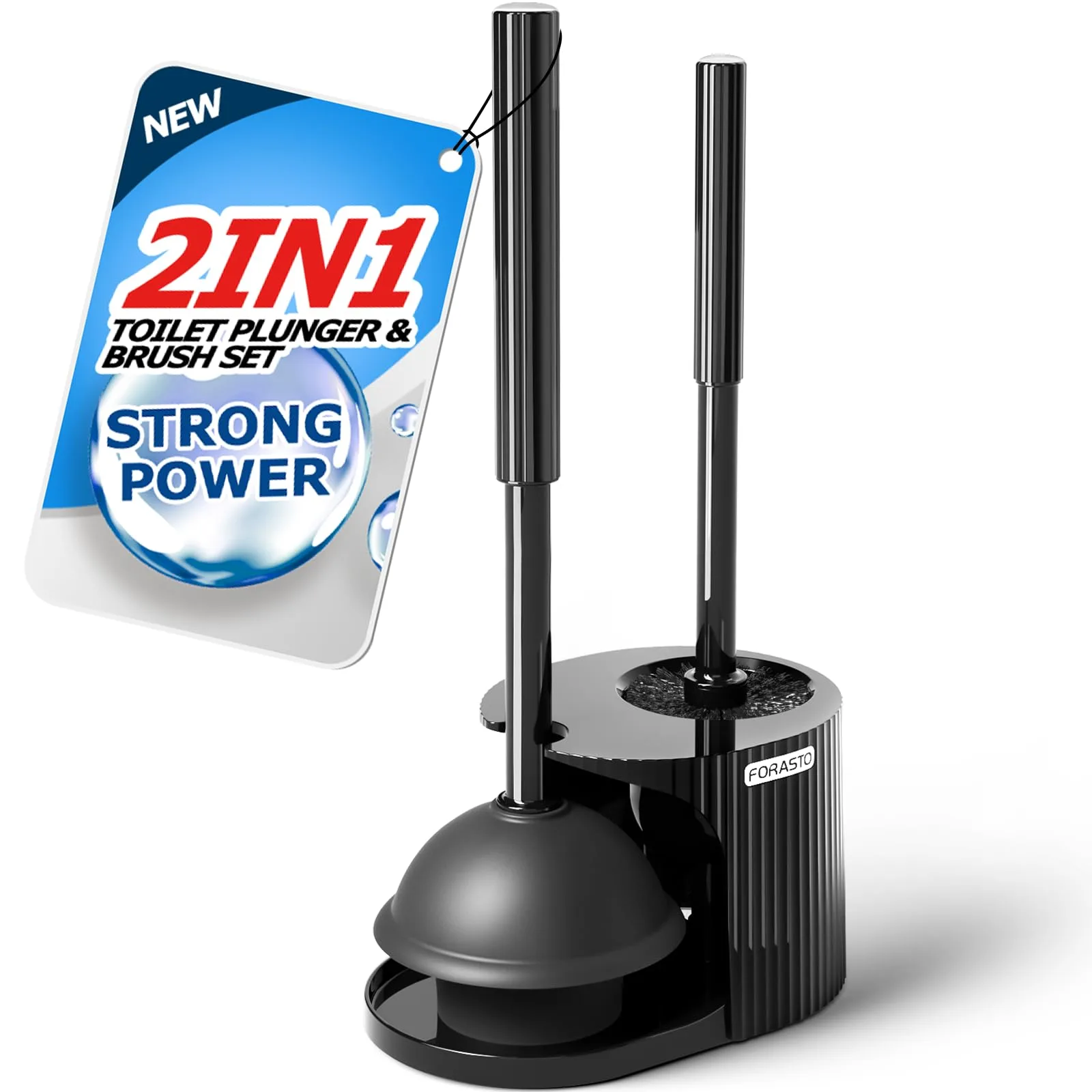 FORASTO 2-in-1 toilet plunger and brush combo in a compact black storage holder
