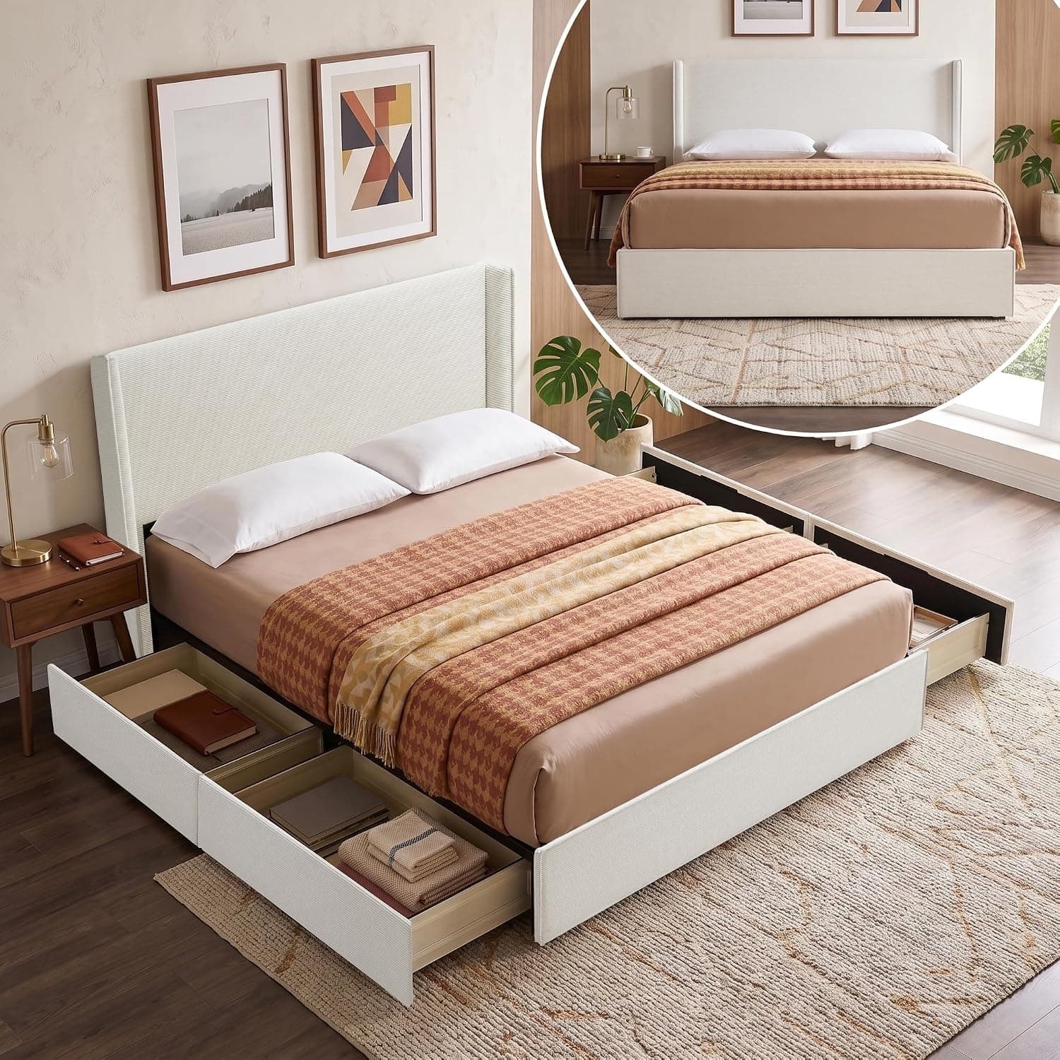 full bed frame in cream color