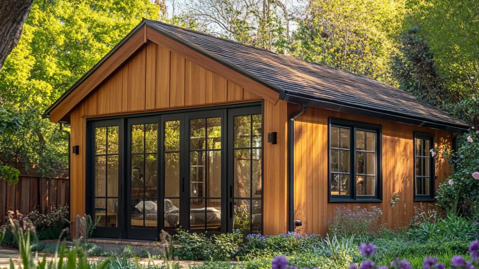 In-law suite house plan for inspiration — light wood cladding, black frame windows, pitch roof (visual #6 by HomeWiP)