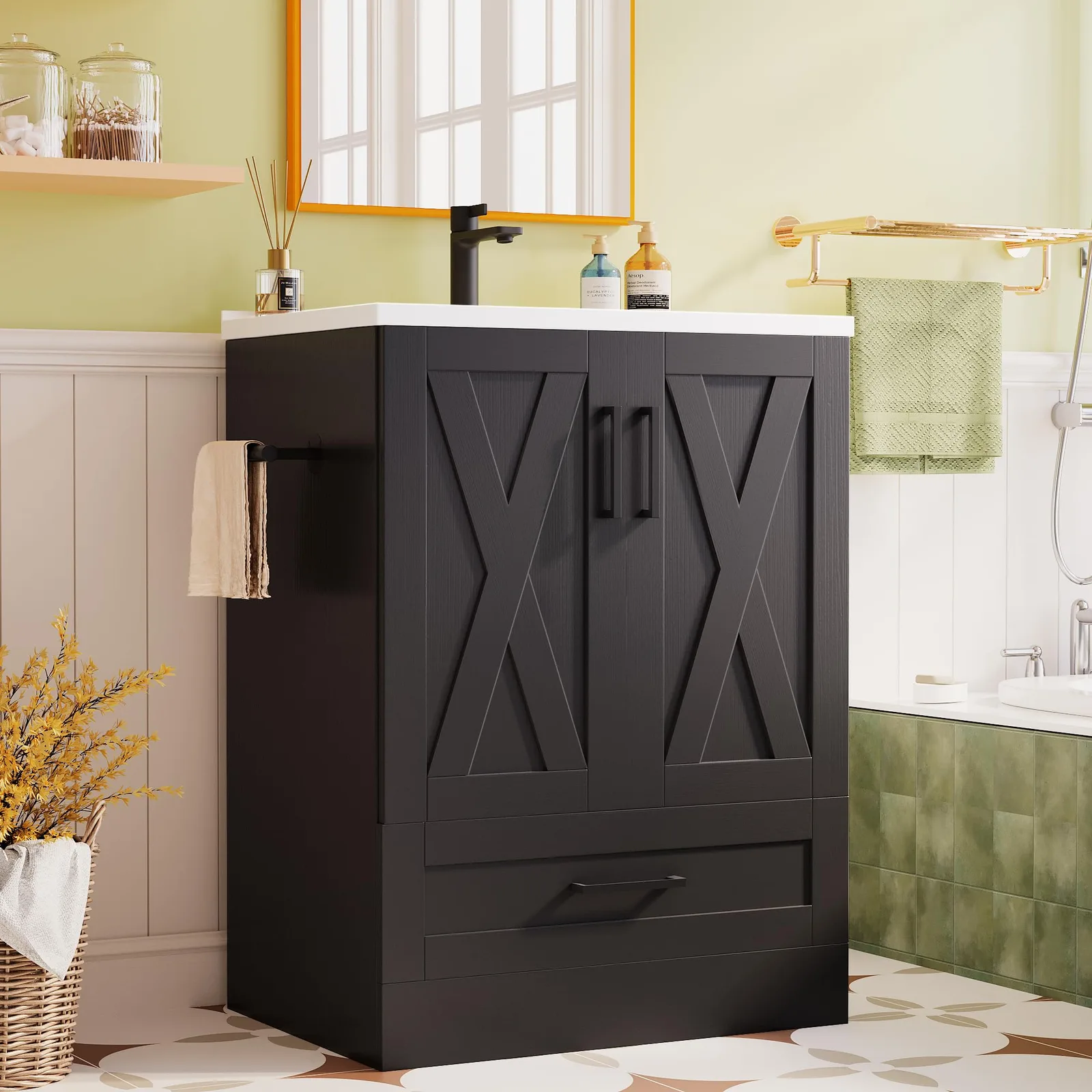 JUMMICO 24-inch black freestanding farmhouse bathroom vanity with SMC basin and oversized drawer